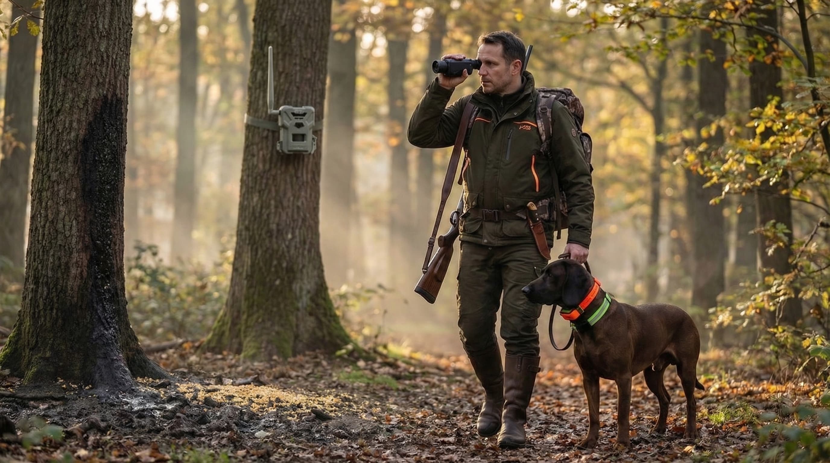Jäger mit Wärmebildkamera und Jagdhund im herbstlichen Wald — Hunters Craft Sortiment